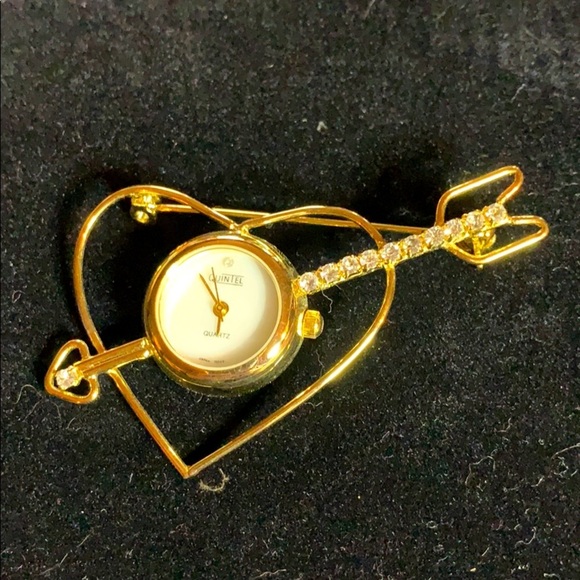 Vintage Heart w/Crystal Arrow Brooch/Gold Watch - Picture 1 of 5